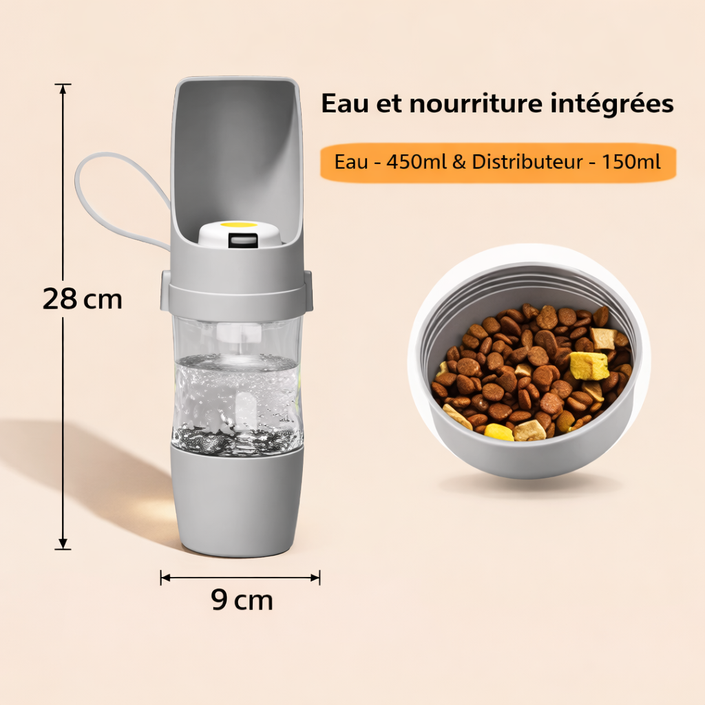 Gourde 2-en-1 pour chien – Eau et nourriture pour sorties et camping